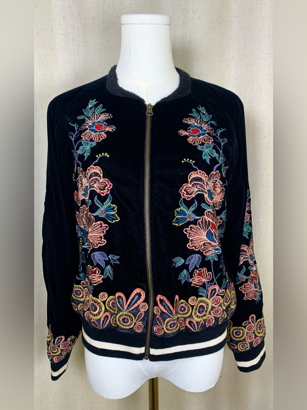 Anthropologie Elevenses Velvet Embroidered Beaded Floral Varsity Jacket